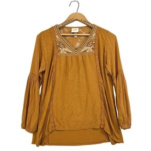 KNOX ROSE Long Sleeve‎ Peasant Blouse Size XS Brown Embroidered Rayon